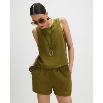 Khaki Linen Blend Tank Top