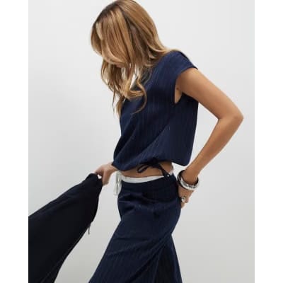 Navy Pinstripe Tie Side Bubble Hem Top