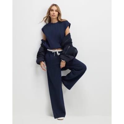Navy Pinstripe Tie Side Bubble Hem Top