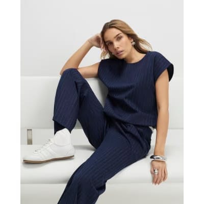 Navy Pinstripe Tie Side Bubble Hem Top