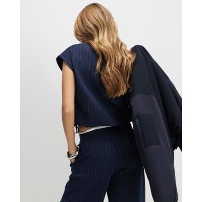 Navy Pinstripe Tie Side Bubble Hem Top