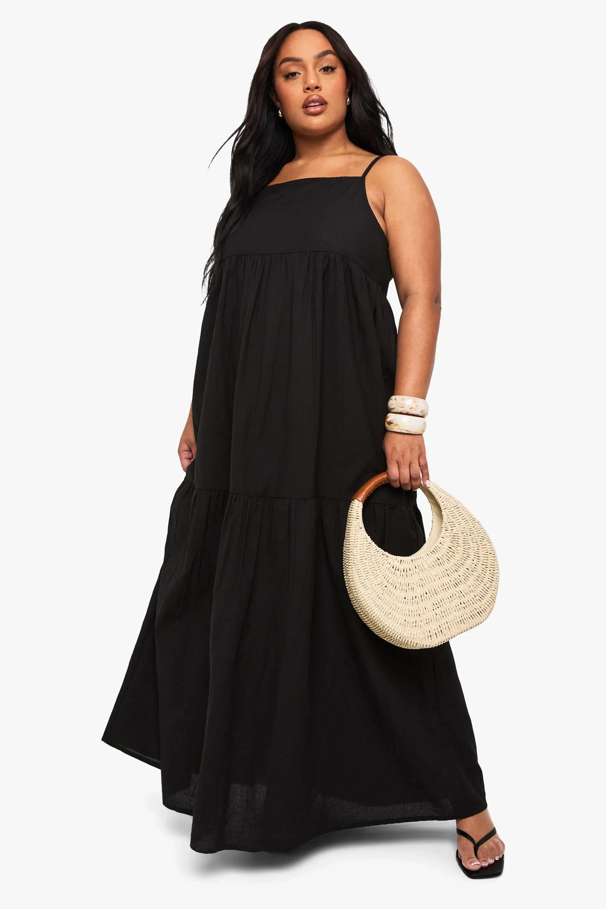 Plus Tiered Linen Look Strappy Maxi Dress