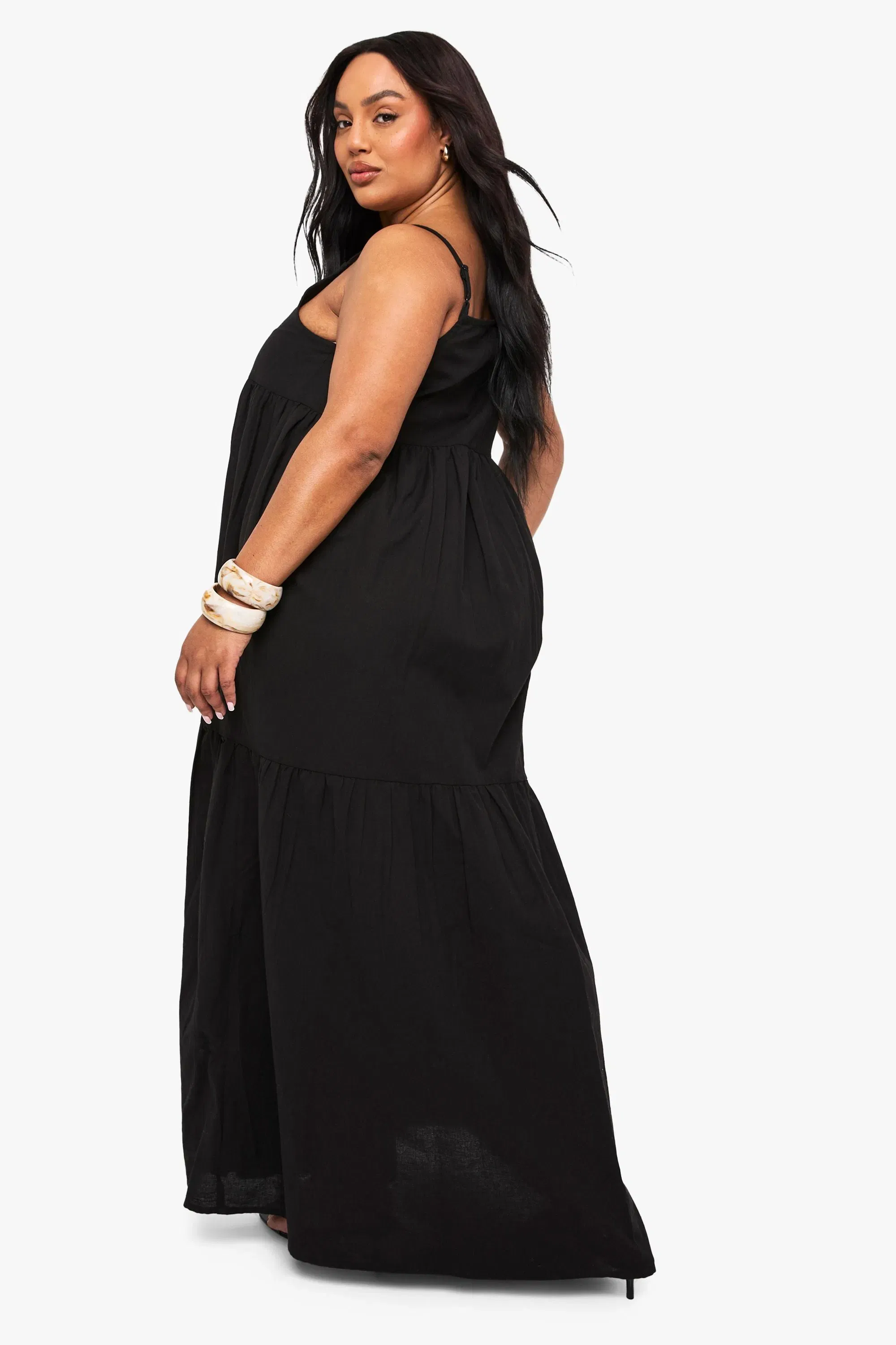 Plus Tiered Linen Look Strappy Maxi Dress
