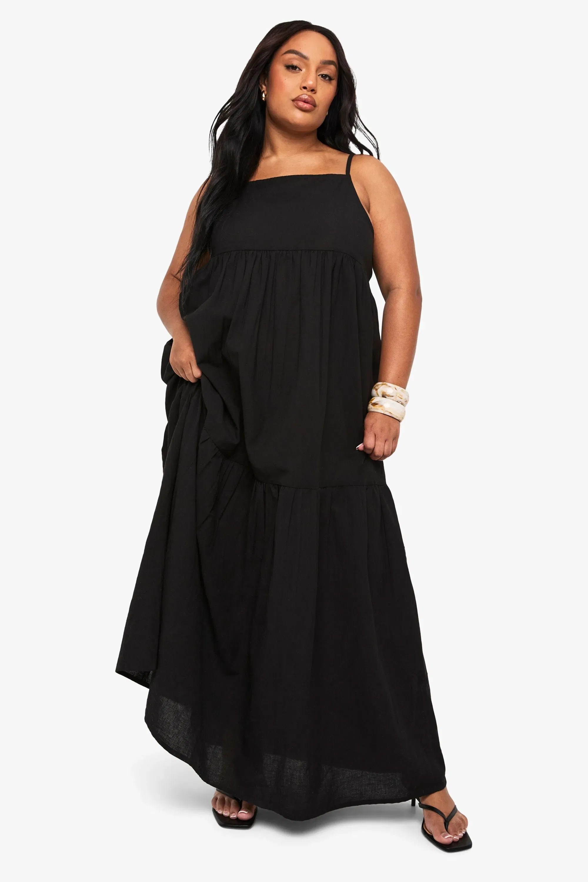 Plus Tiered Linen Look Strappy Maxi Dress