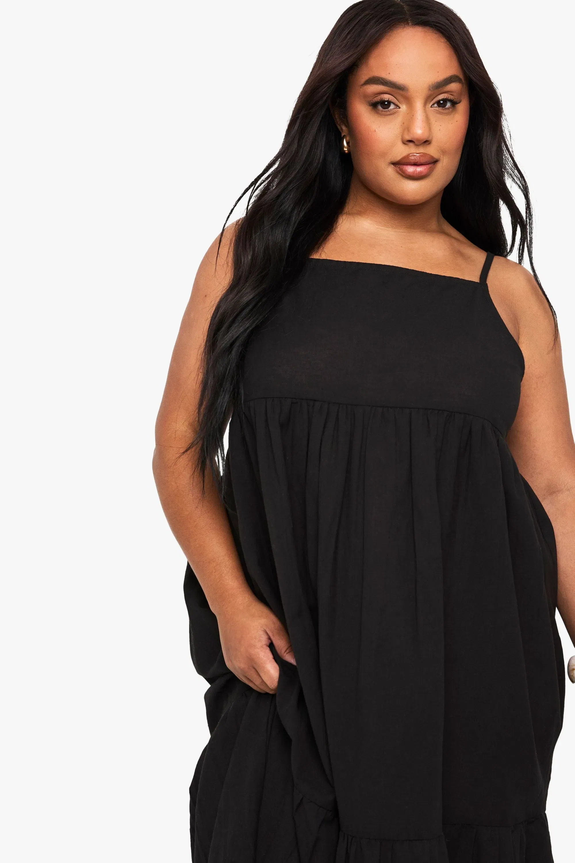 Plus Tiered Linen Look Strappy Maxi Dress