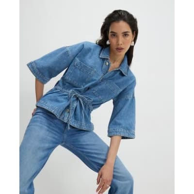 Blue Denim Tie Front Top