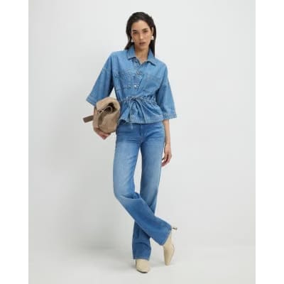 Blue Denim Tie Front Top