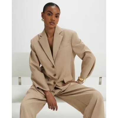 Beige Oversized Long Sleeve Blazer