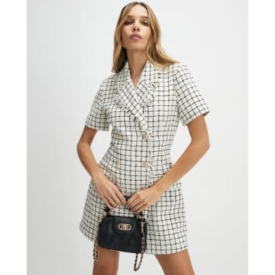 Cream Boucle Short Sleeve Check Mini Dress