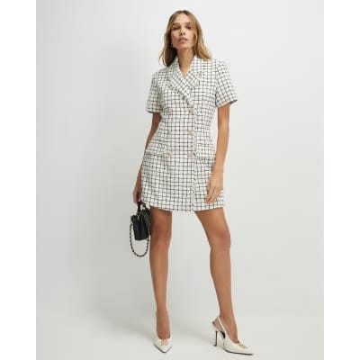 Cream Boucle Short Sleeve Check Mini Dress