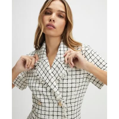 Cream Boucle Short Sleeve Check Mini Dress