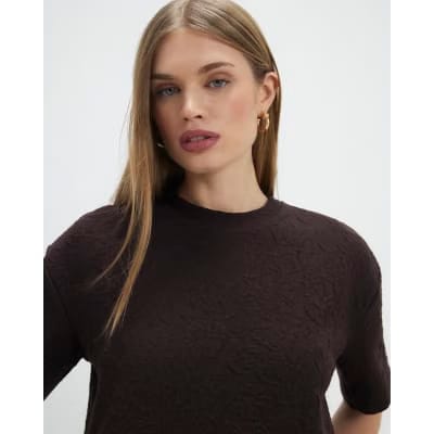 Brown Jacquard Short Sleeve Boxy T-shirt