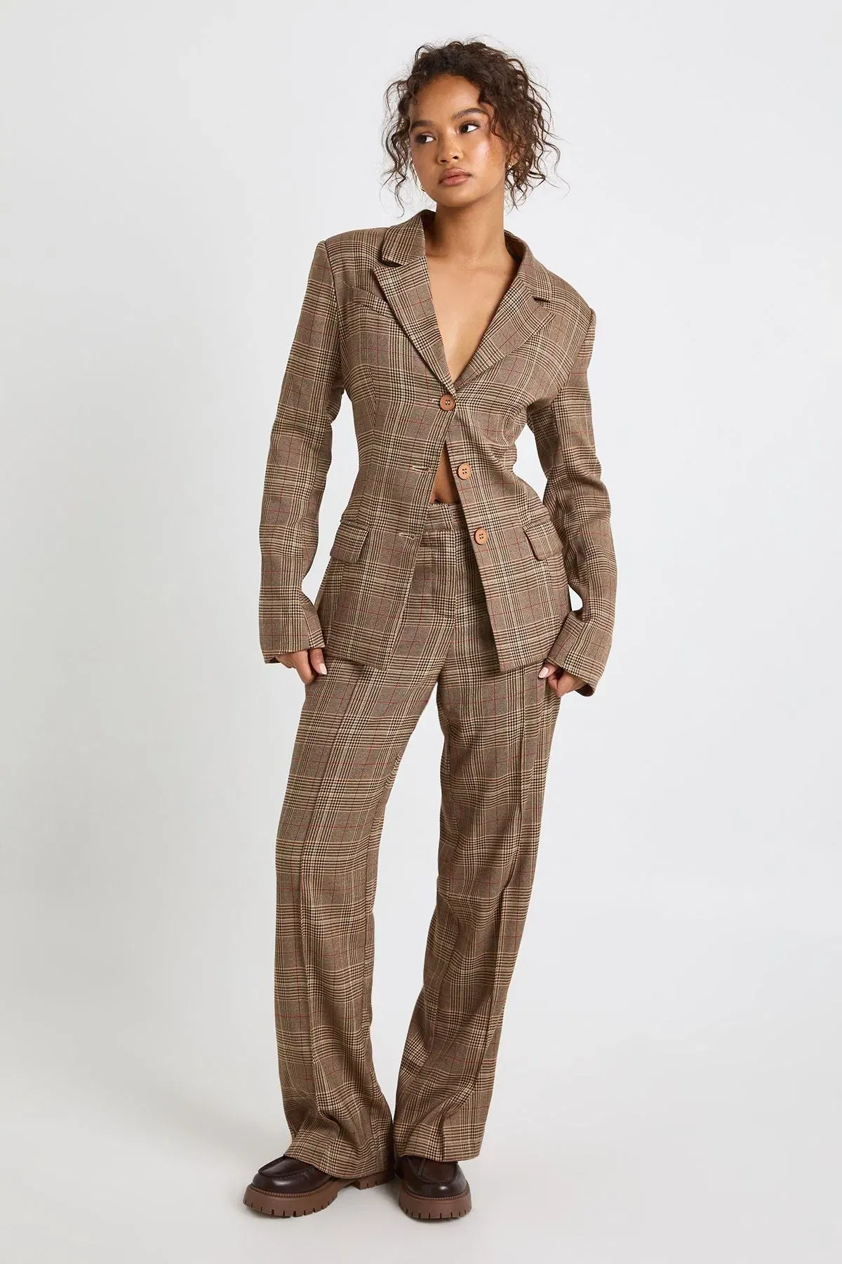 Check Seam Detail Straight Trousers