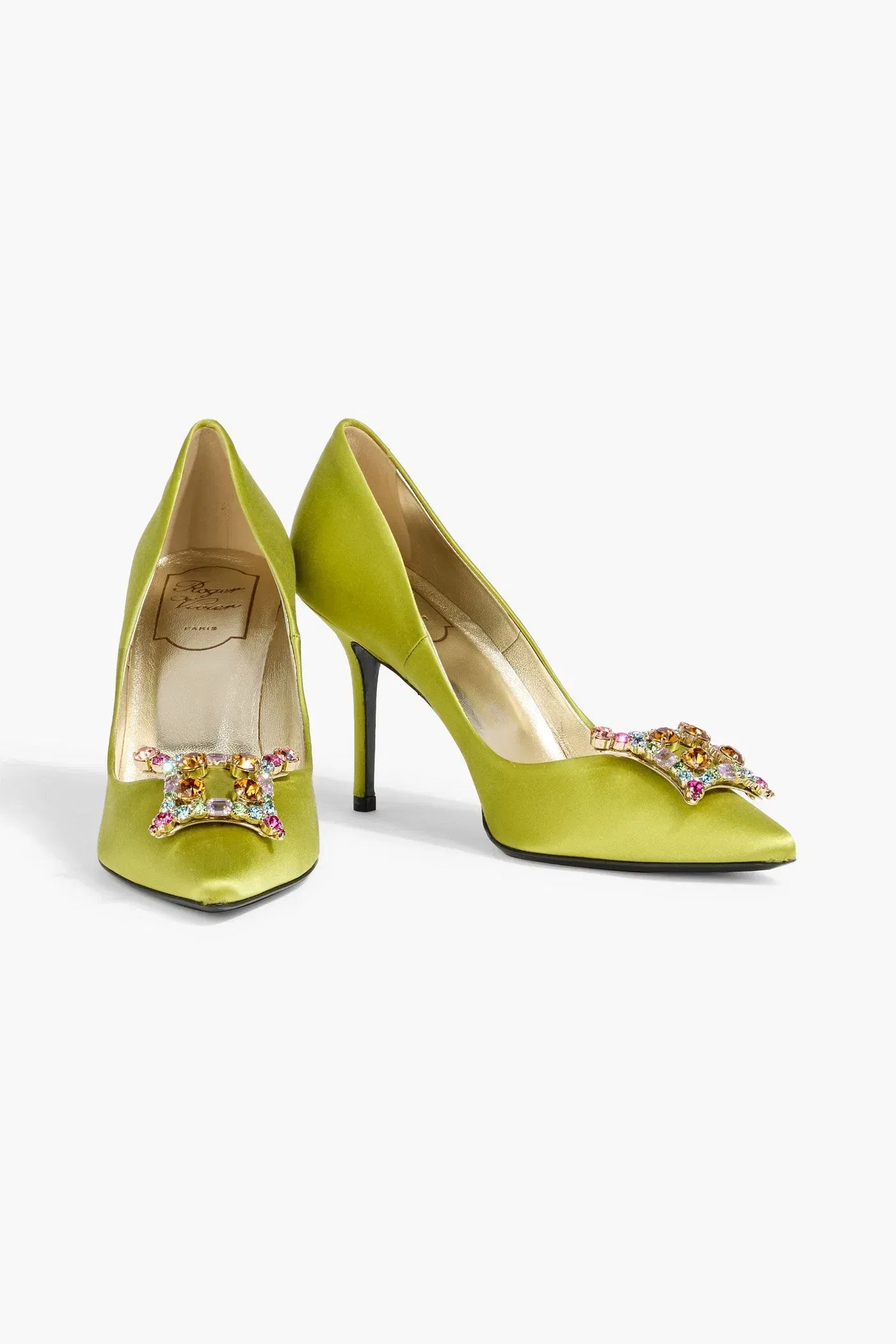 Roger Vivier Flower Strass Embellished Satin Pumps Lime Green Women's