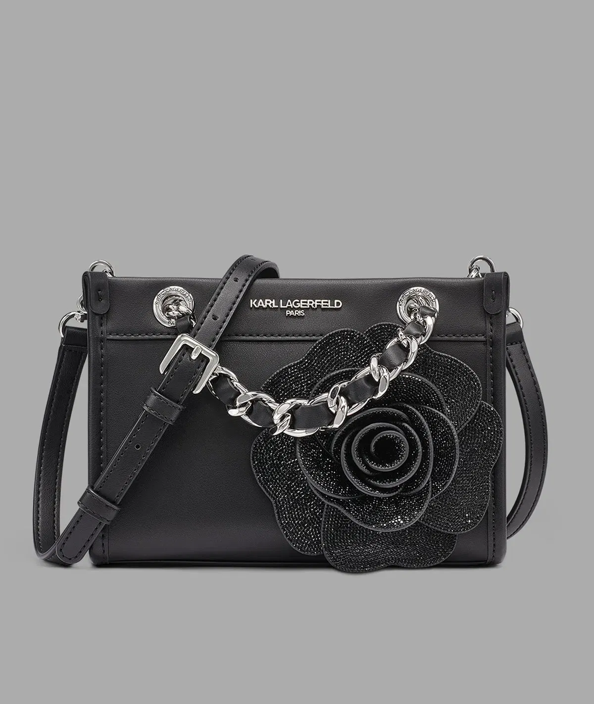 KarlLagerfeld Savoie small leather crossbody with flower black/silver