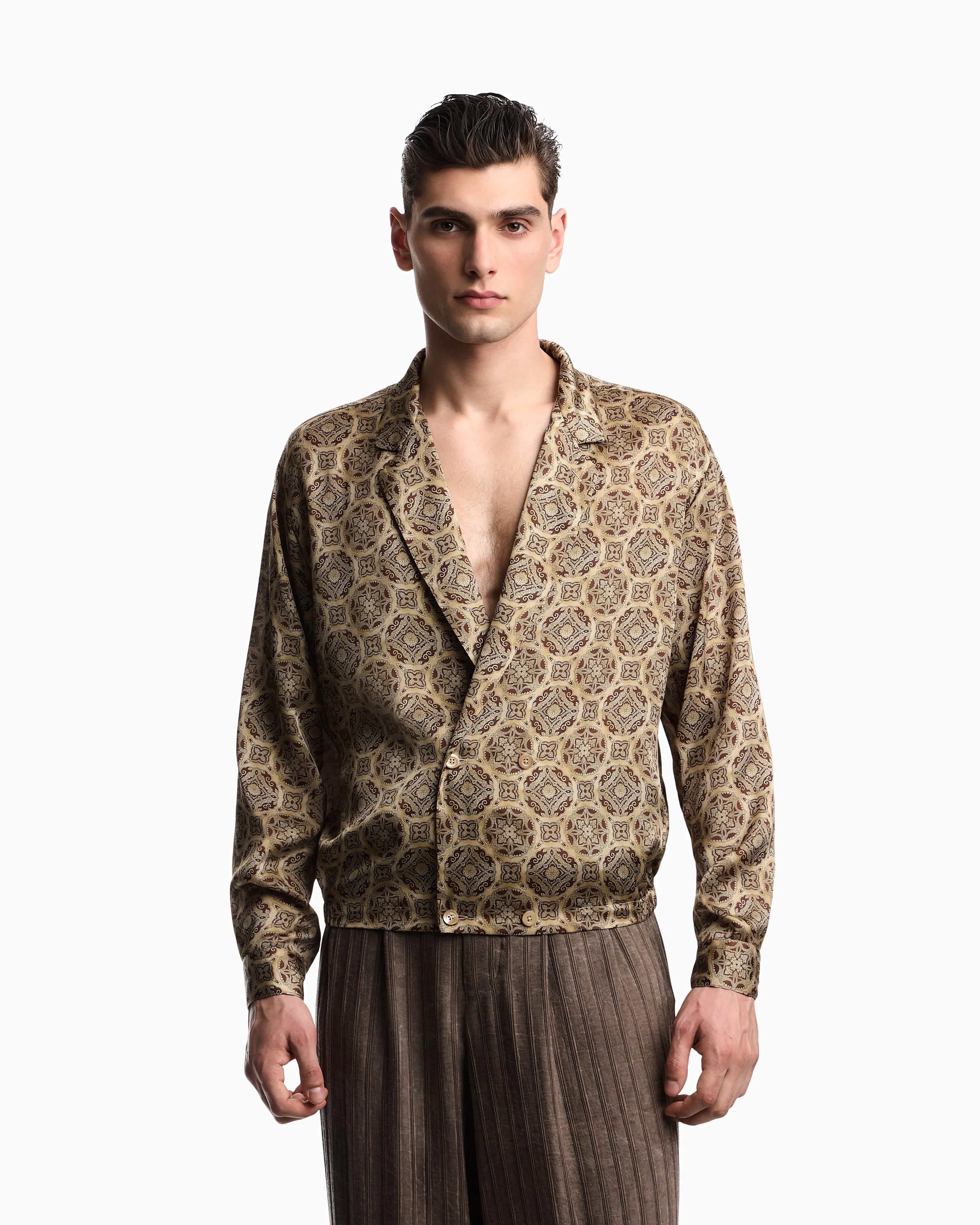 Emporio Armani Double-breasted satin shirt with all-over print