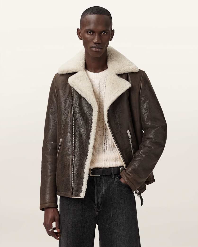 AllSaints Xylon Shearling Biker Jacket Barkwood Brown