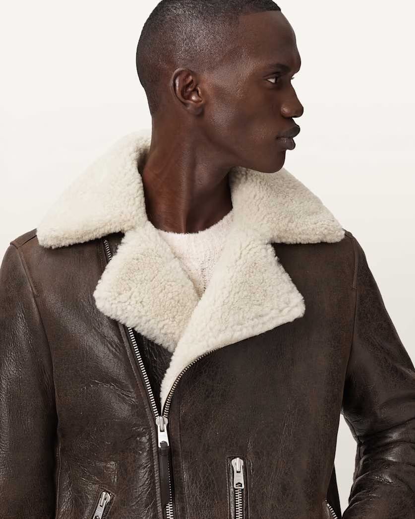 AllSaints Xylon Shearling Biker Jacket Barkwood Brown