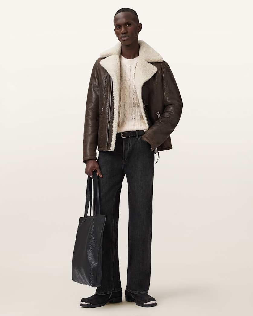 AllSaints Xylon Shearling Biker Jacket Barkwood Brown