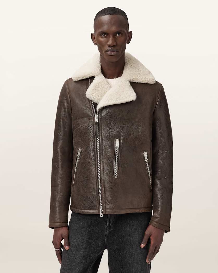 AllSaints Xylon Shearling Biker Jacket Barkwood Brown