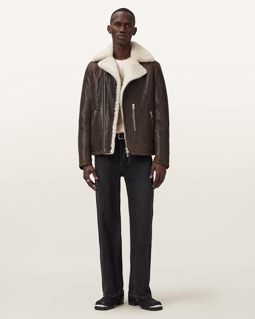 AllSaints Xylon Shearling Biker Jacket Barkwood Brown