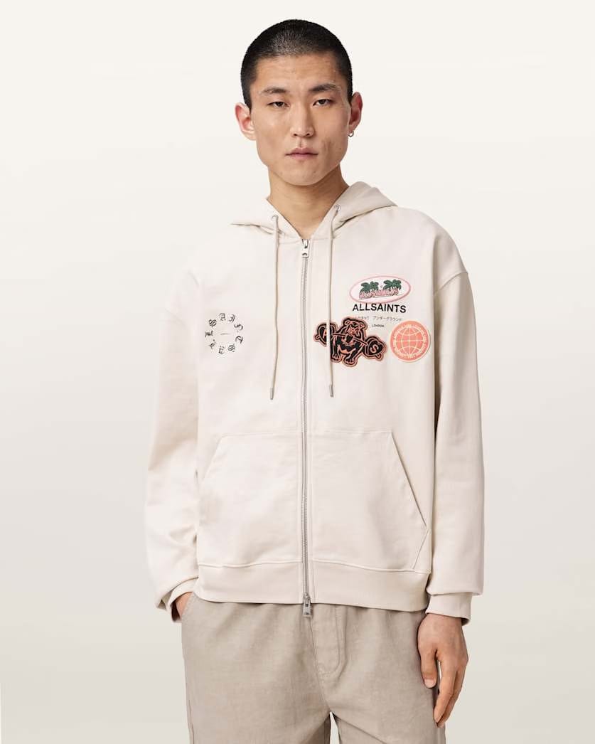 AllSaints Patcher Zip Up Cotton Hoodie Dusk White
