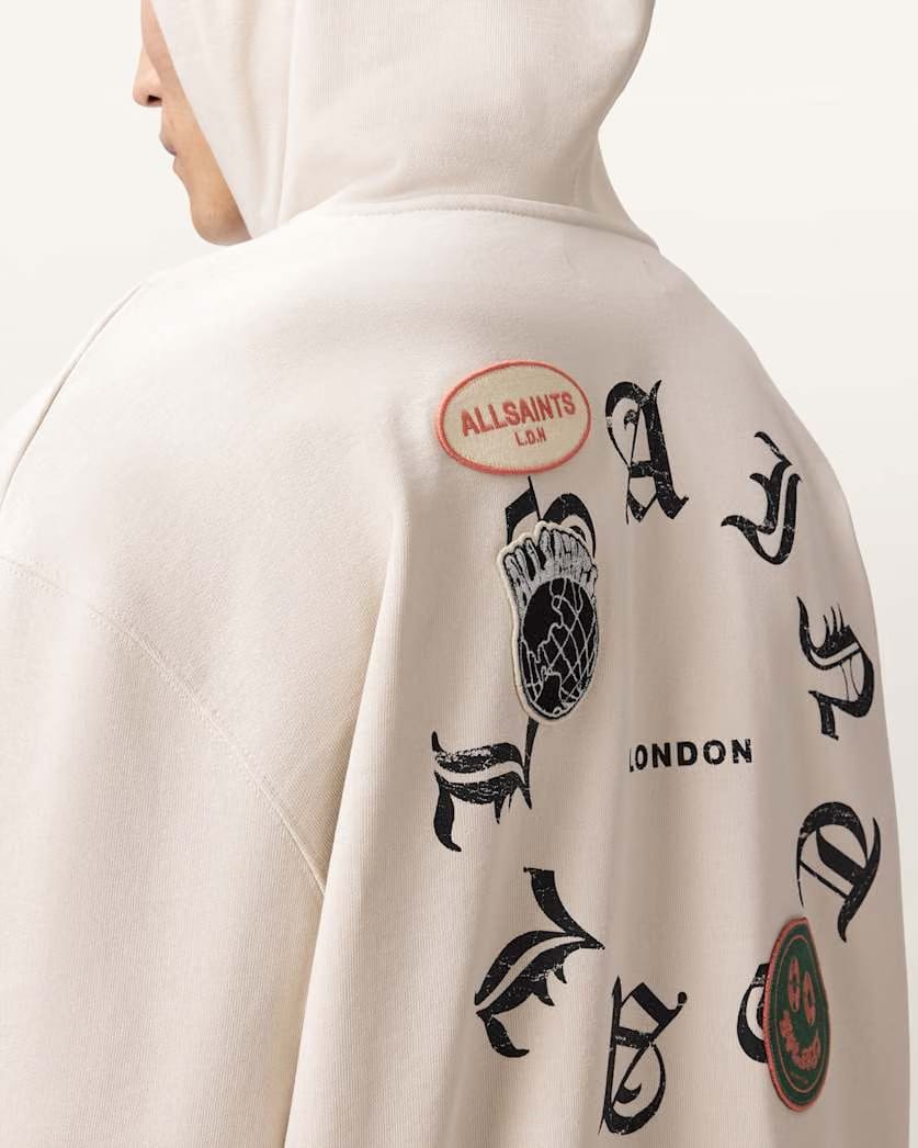 AllSaints Patcher Zip Up Cotton Hoodie Dusk White