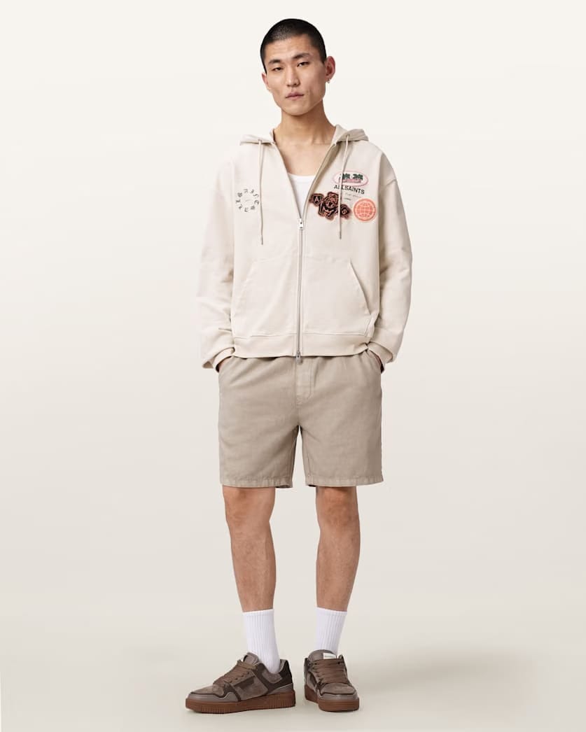 AllSaints Patcher Zip Up Cotton Hoodie Dusk White