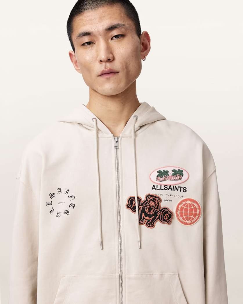 AllSaints Patcher Zip Up Cotton Hoodie Dusk White