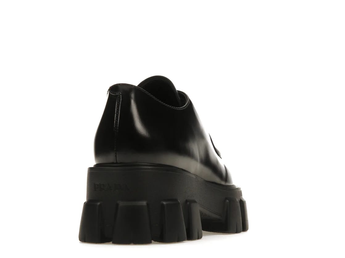 Prada Monolith 55Mm Pointy Lace Up Loafer Black Brushed Leather