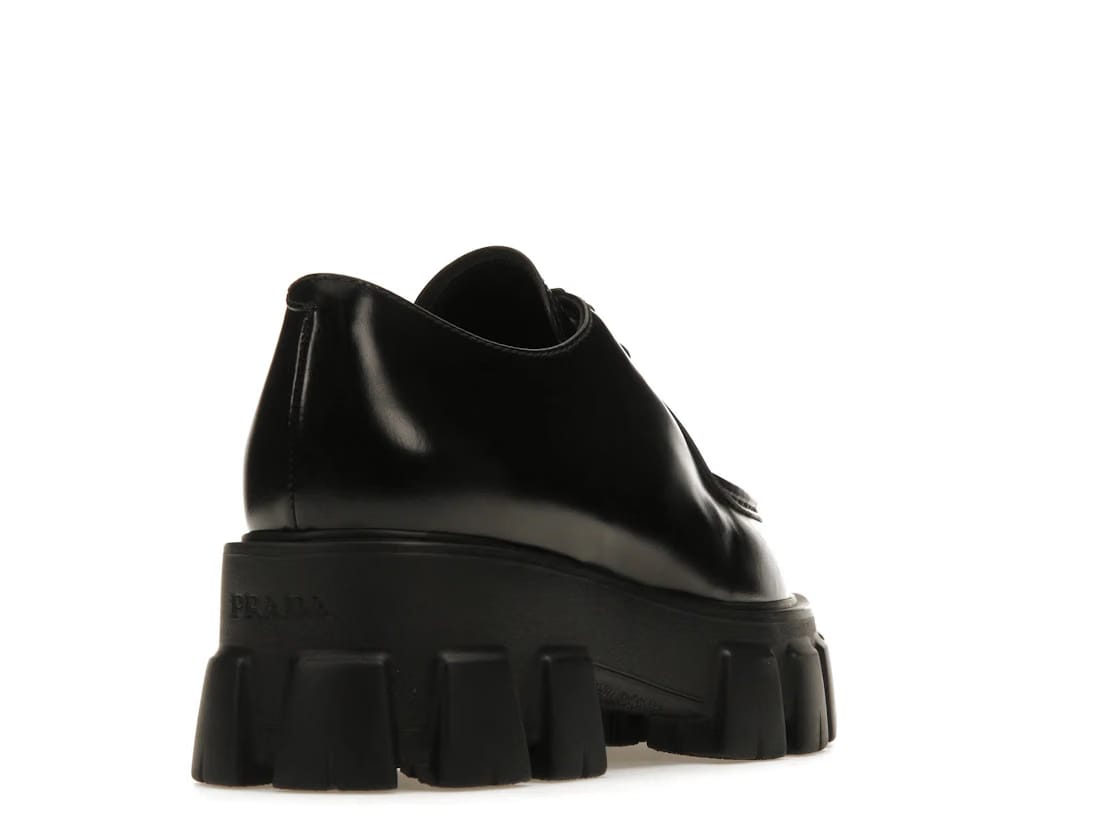 Prada Monolith 55Mm Pointy Lace Up Loafer Black Brushed Leather