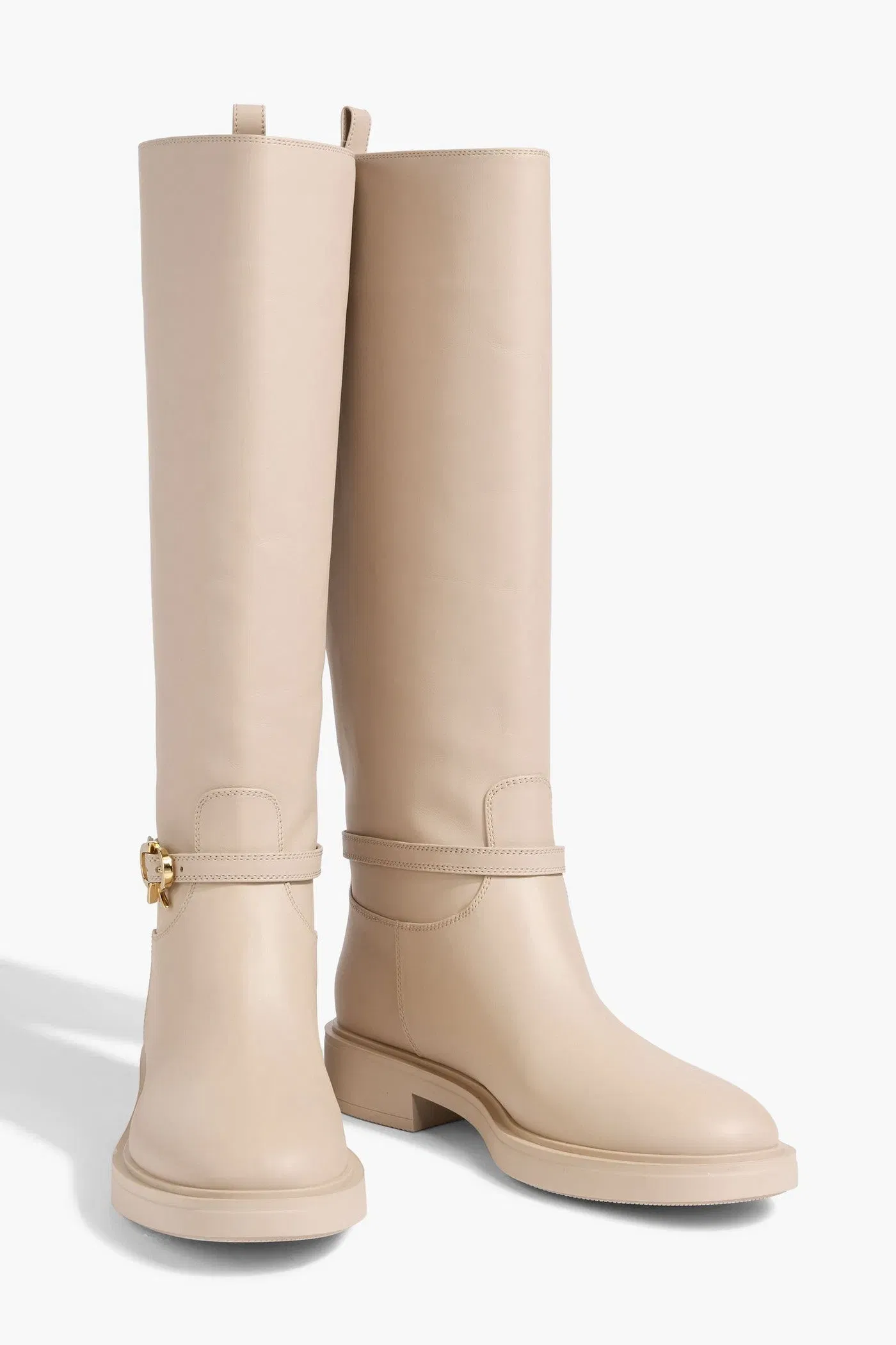 Gianvito Rossi Ribbon Cavalier Leather Knee Boots Beige Women's