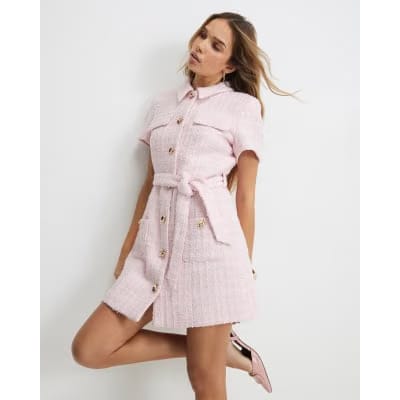 Pink Boucle Belted Mini Dress