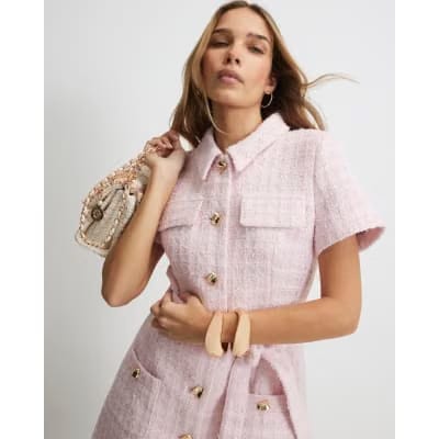 Pink Boucle Belted Mini Dress