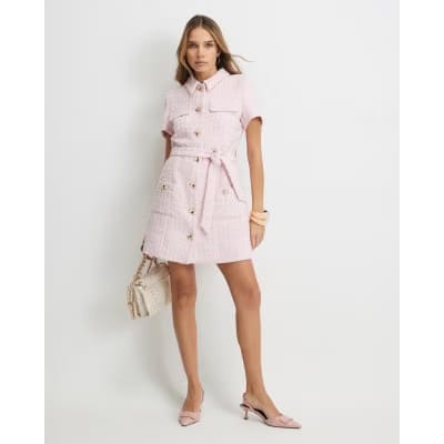 Pink Boucle Belted Mini Dress