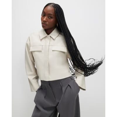 Cream Faux Leather Cropped Overshirt