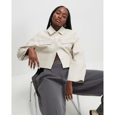 Cream Faux Leather Cropped Overshirt