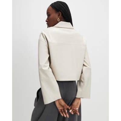 Cream Faux Leather Cropped Overshirt