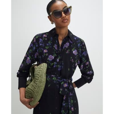 Black Floral Midi Shirt Dress