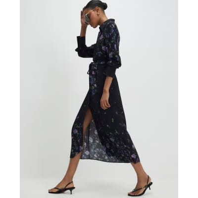 Black Floral Midi Shirt Dress