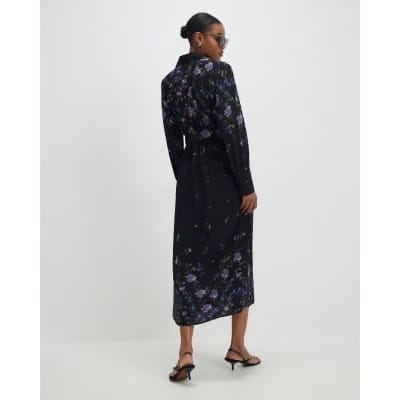 Black Floral Midi Shirt Dress