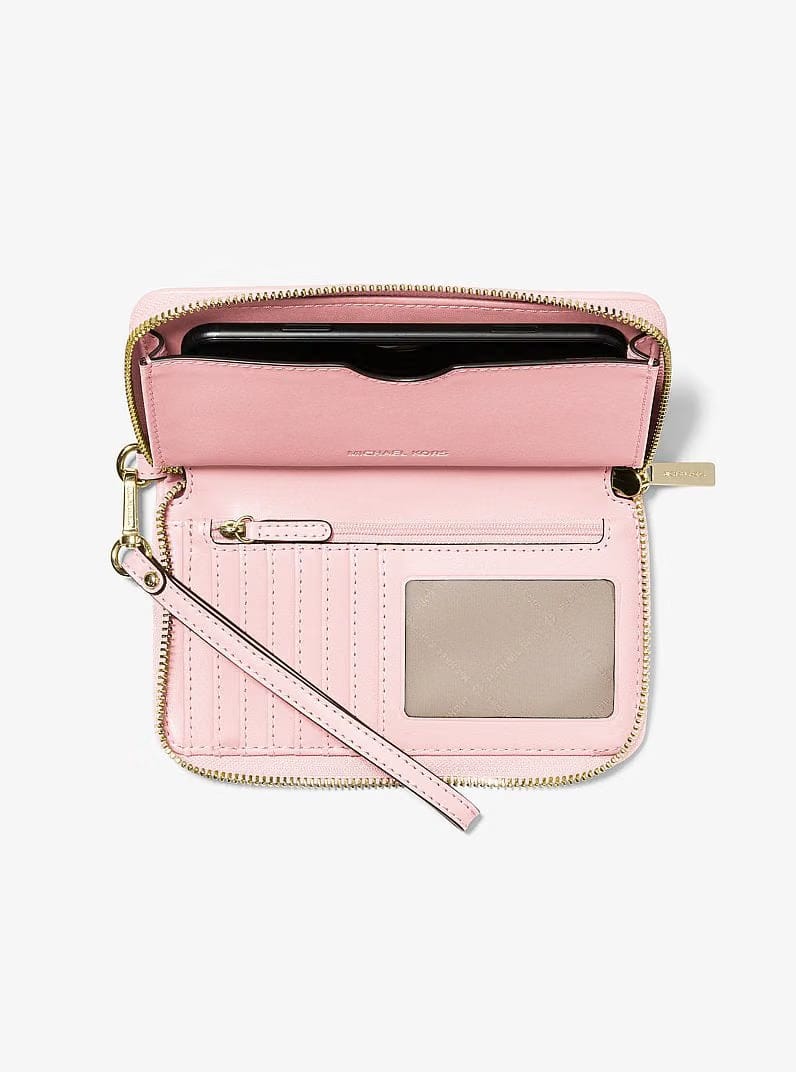 Michael Kors Jet Set Travel Large Logo Jacquard Denim Smartphone Wallet Powder Blush
