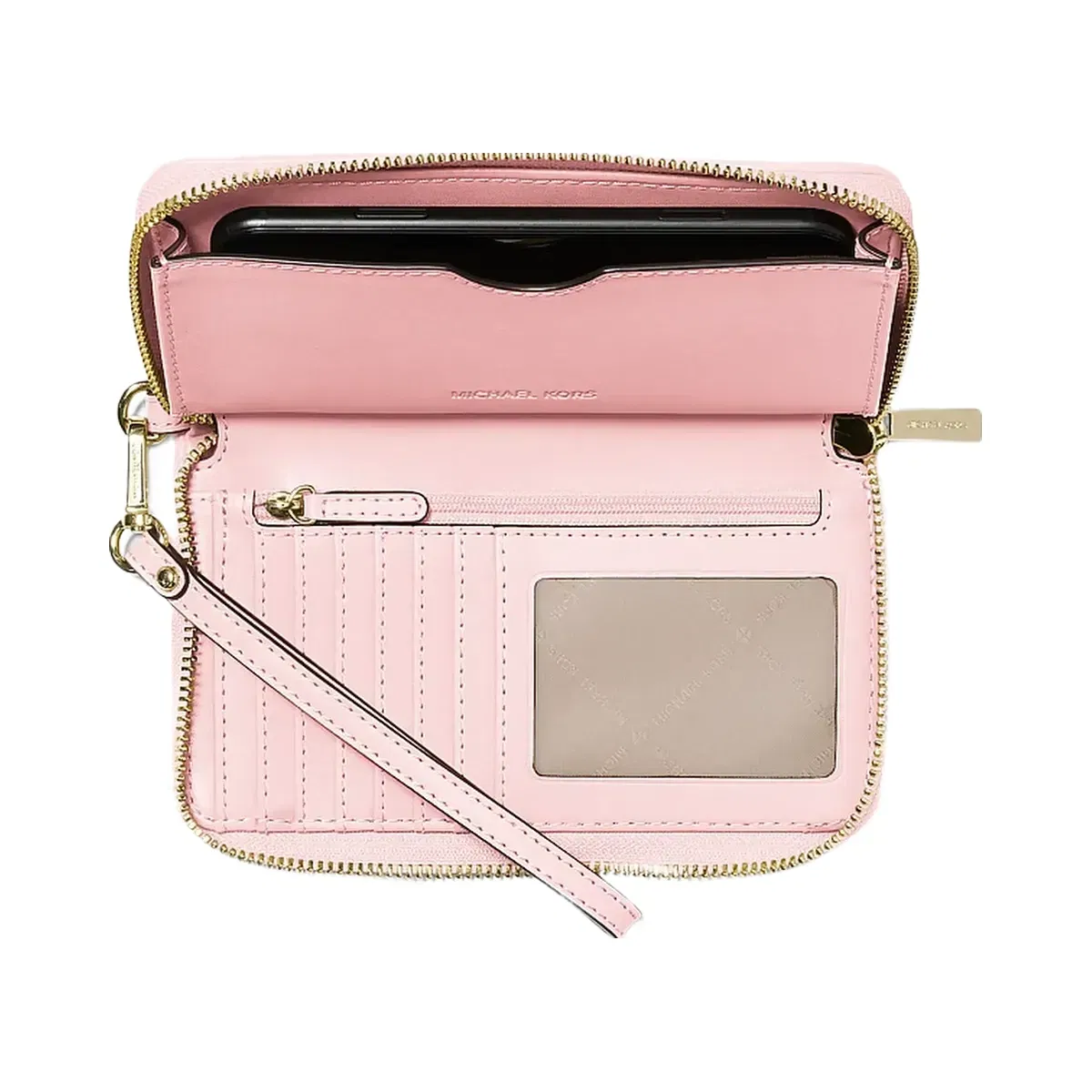 Michael Kors Jet Set Travel Large Logo Jacquard Denim Smartphone Wallet Powder Blush