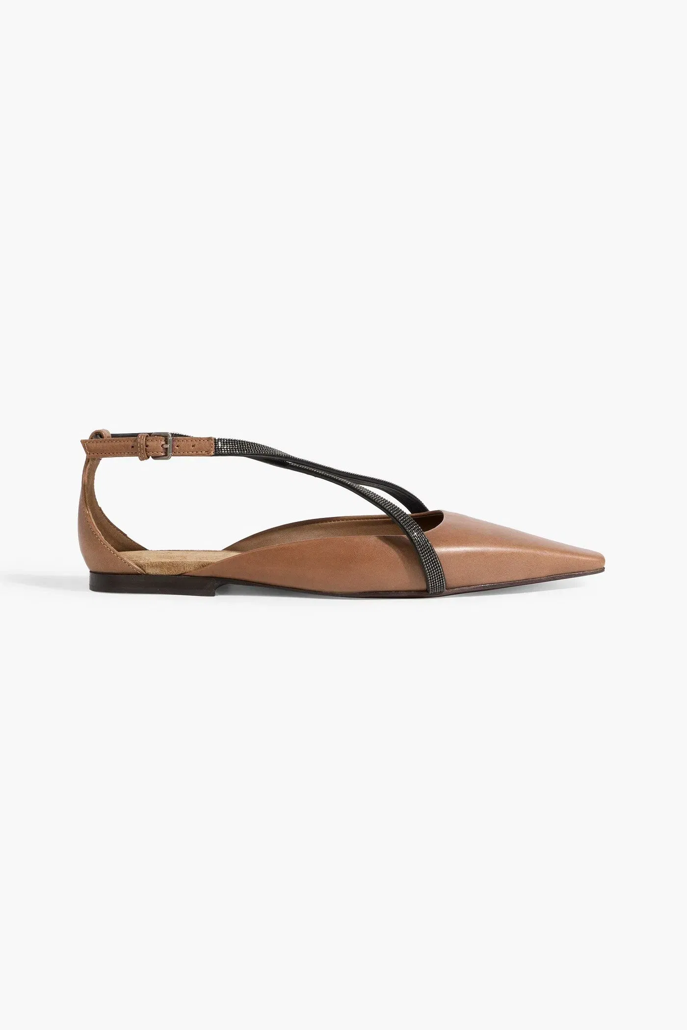 Brunello Cucinelli Bead-Embellished Leather Point-Toe Flats Light Brown Women's