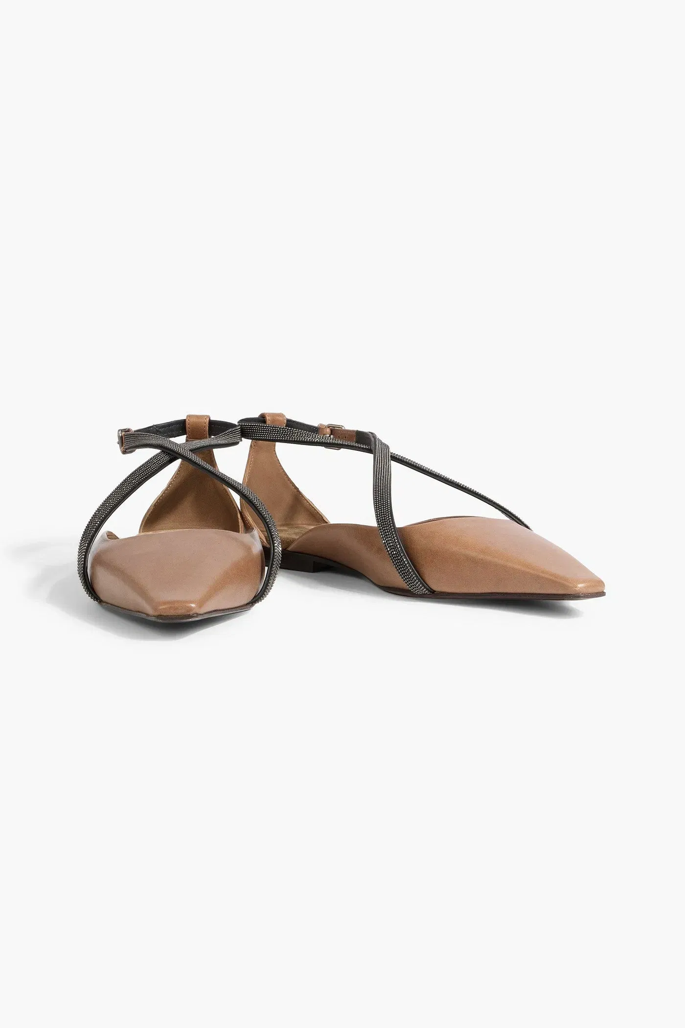 Brunello Cucinelli Bead-Embellished Leather Point-Toe Flats Light Brown Women's