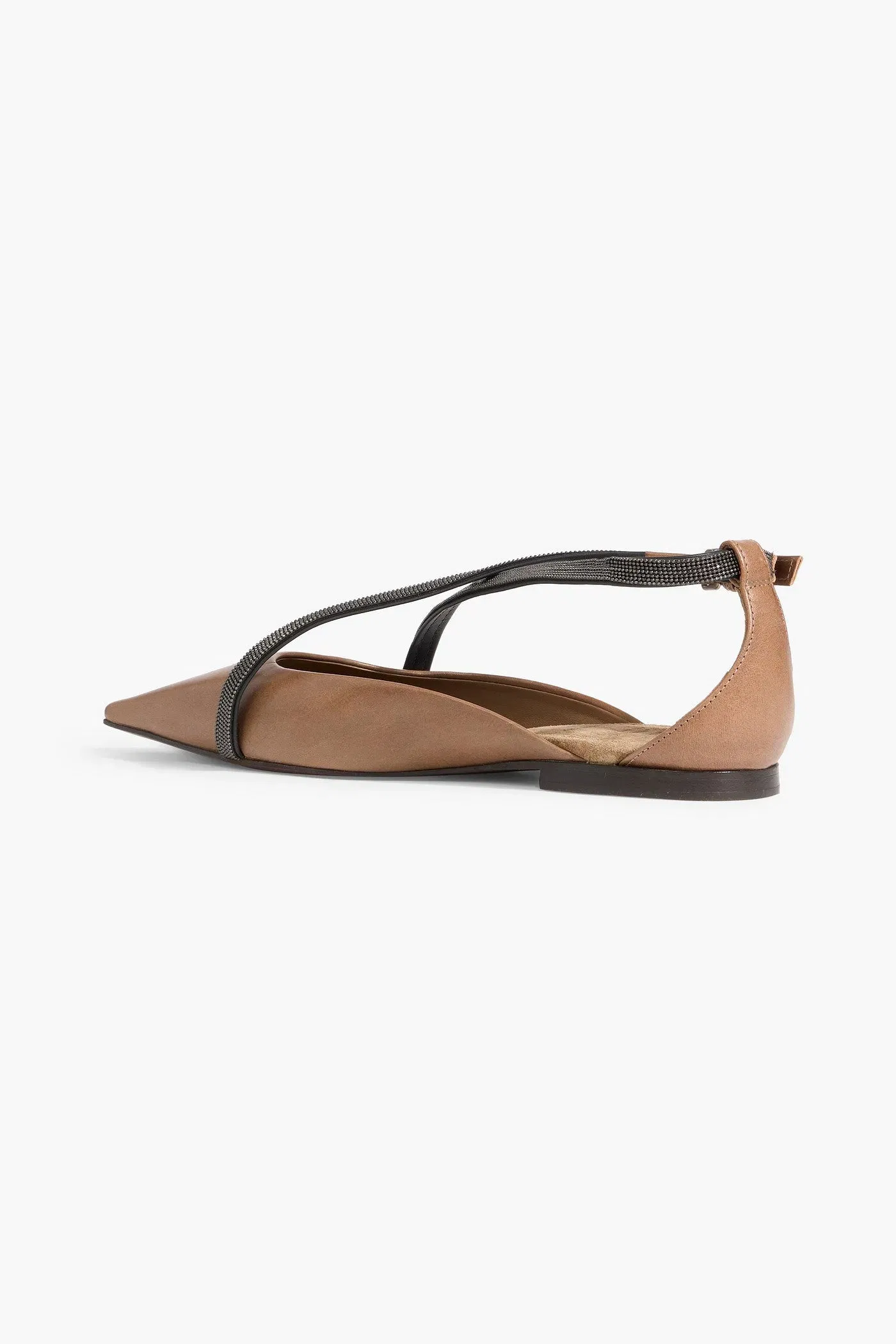 Brunello Cucinelli Bead-Embellished Leather Point-Toe Flats Light Brown Women's
