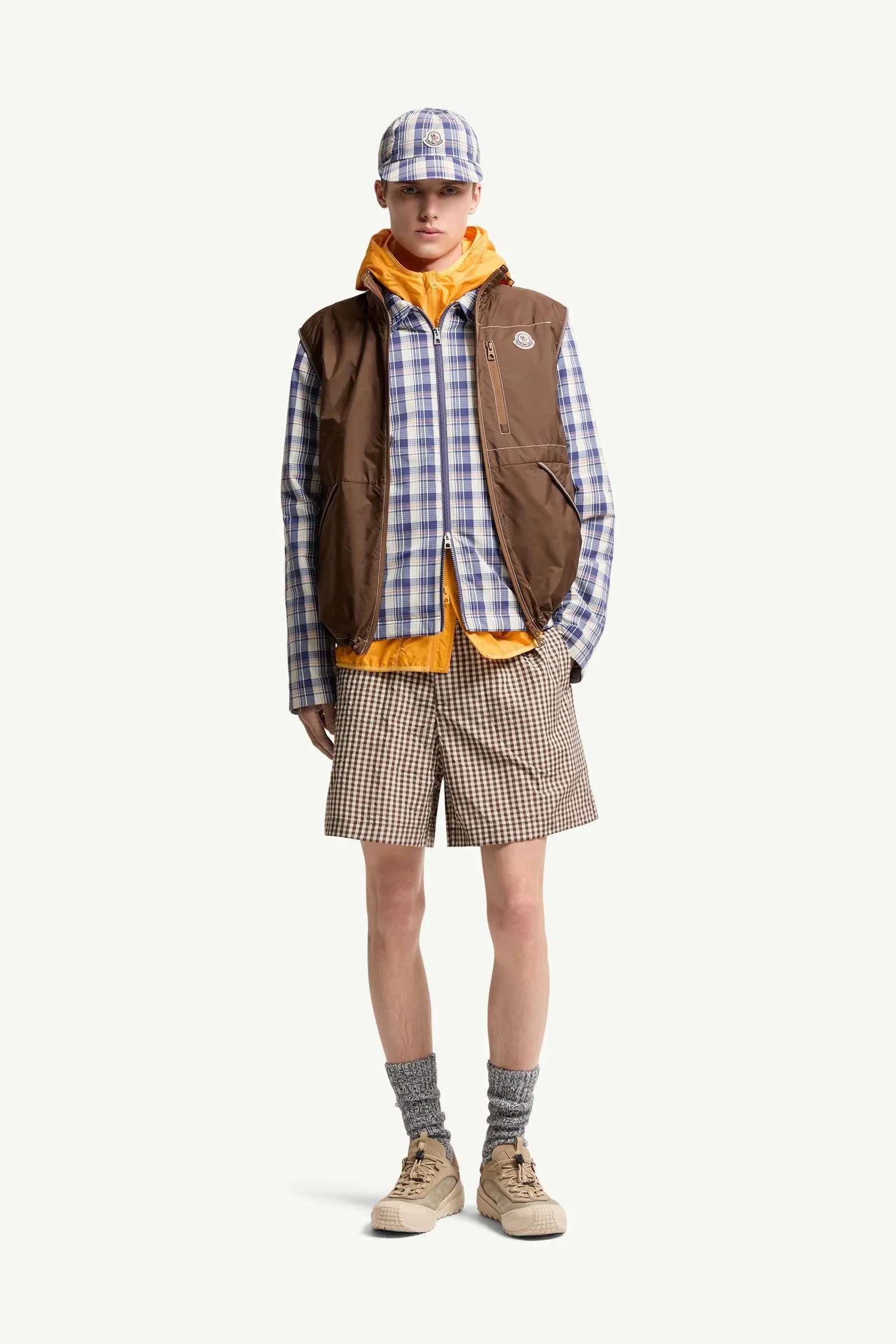 Moncler Vichy Cotton Blend Shorts White & Brown White & Brown