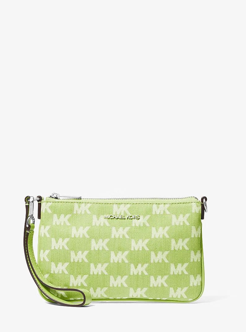 Michael Kors Jet Set Travel Small Logo Jacquard Denim Wristlet Lime