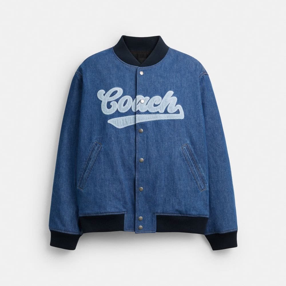 Coach Denim Varsity Jacket In Organic Cotton Washed Blue Multi