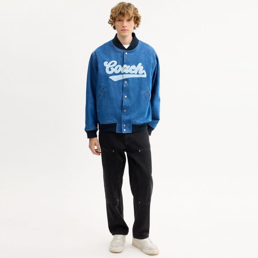 Coach Denim Varsity Jacket In Organic Cotton Washed Blue Multi